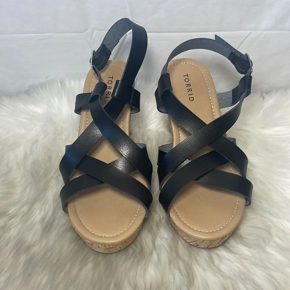 Torrid Black Vegan Leather Gladiator Cork Wedge‎ Sandals Sz 8.5 WIDE